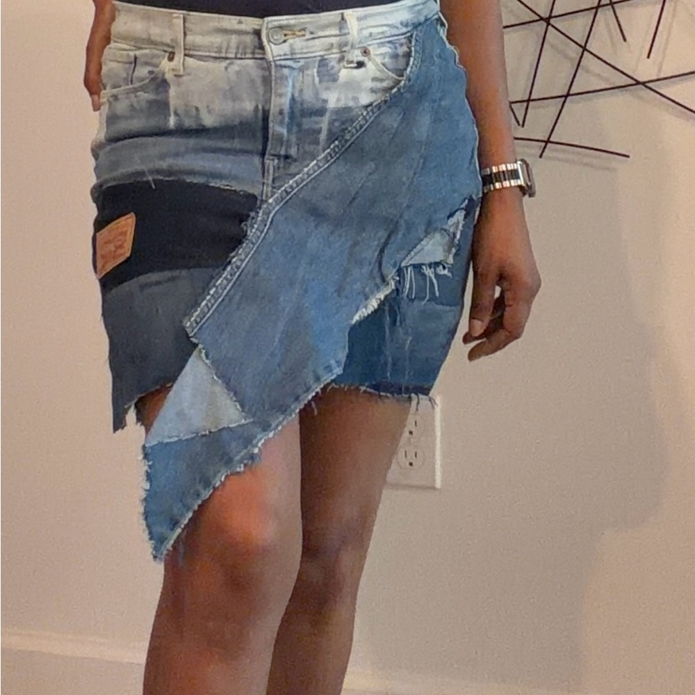 Custom Levi Patchwork Distressed Denim Mini Skirt - Blue